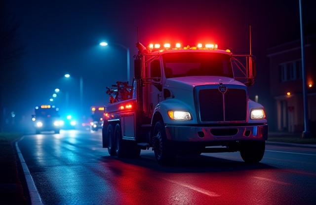 Camion de remorquage intervenant la nuit